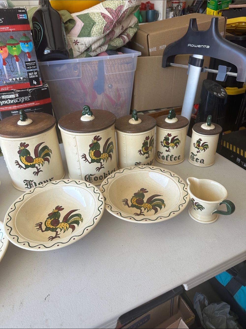 Vintage poppy trail cream Rooster Ceramic Canister and Serving Set - Cream & Gre